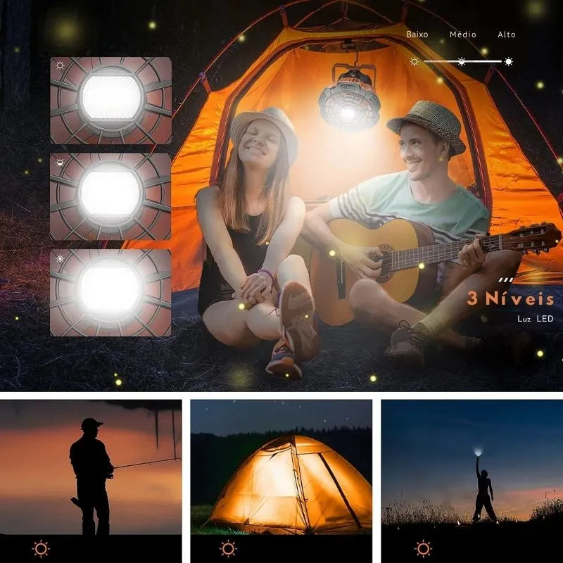 Ventilador de Camping 5200mAh com Luz LED Recarregável