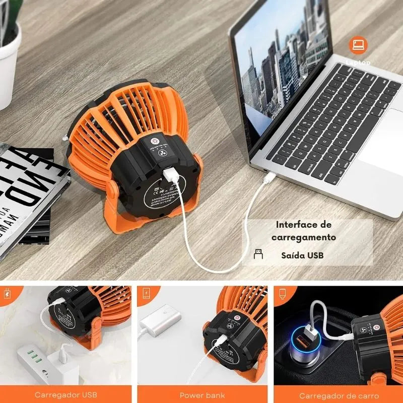 Ventilador de Camping 5200mAh com Luz LED Recarregável