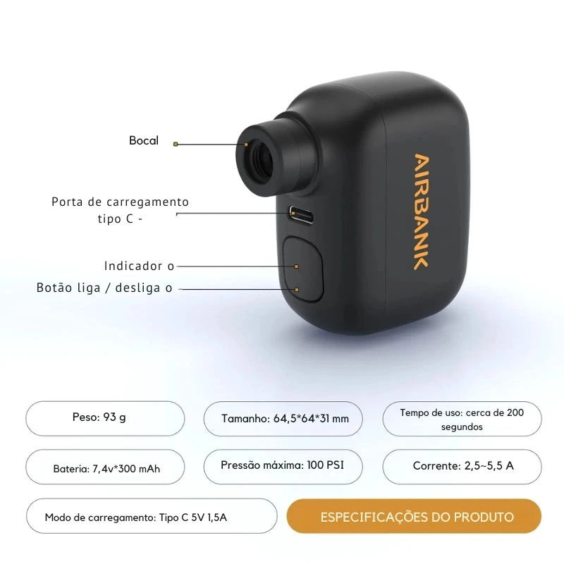 Mini bomba de bicicleta portátil, inflador de ar recarregável, 100PSI, 5V, tipo C, acessórios para bicicleta, Schrader, pneus Presta, AS100