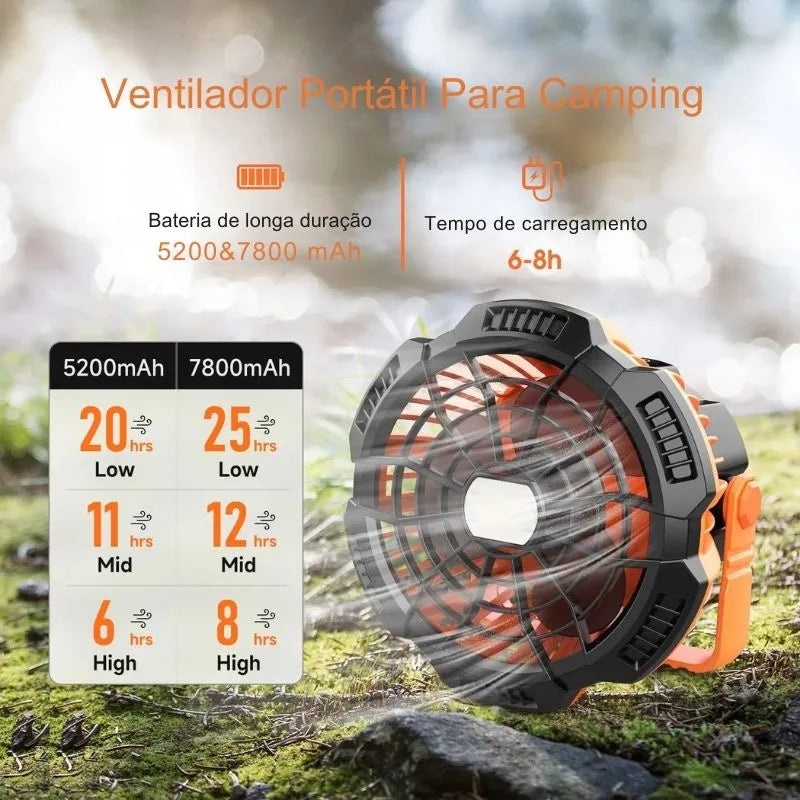 Ventilador de Camping 5200mAh com Luz LED Recarregável