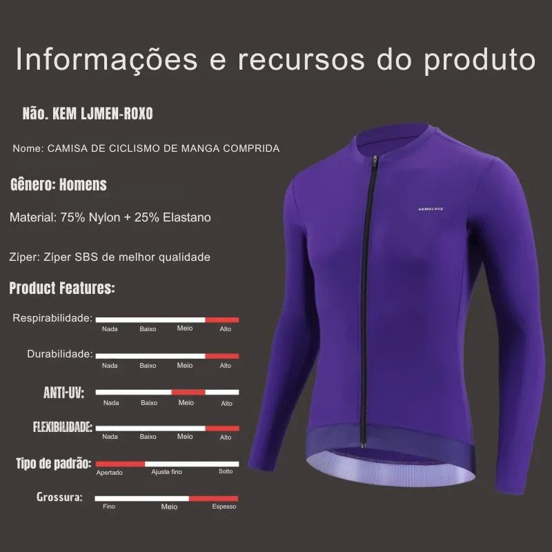 Kemaloco camisa de ciclismo masculina manga longa 2025 outono e primavera preto & roxo & cinza reflexivo respirável high end bicicleta camisa
