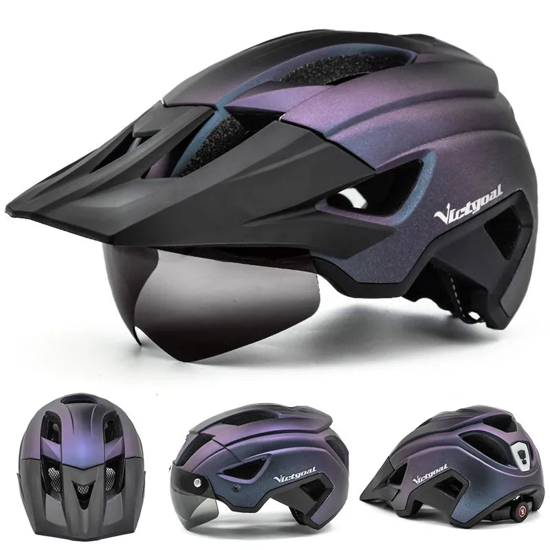 VICTGOAL-LED Capacete de bicicleta com Sun Goggle, Viseira recarregável, Capacete de bicicleta masculino, Óculos de sol Shield, Estrada MTB Ciclismo Capacetes